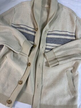 Marine Layer Cream Tan XL Cardigan with Navy Stripe 100% cotton preppy golf